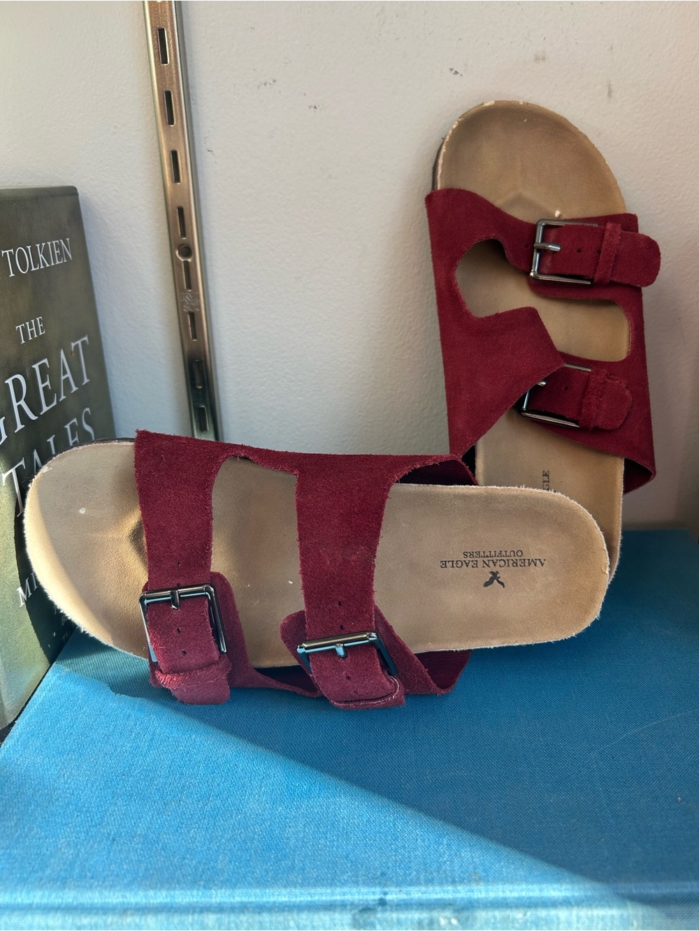 American Eagle Outfitters Burgundy Suede Double Buckle Slides